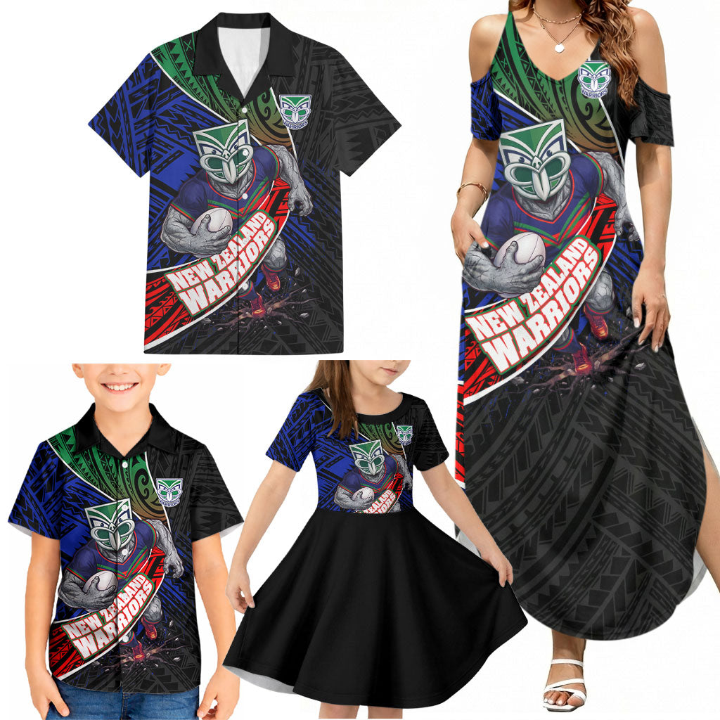 New Zealand Warriors Rugby Family Matching Summer Maxi Dress and Hawaiian Shirt Tribal Polynesian Power Art - Lightning Mascot