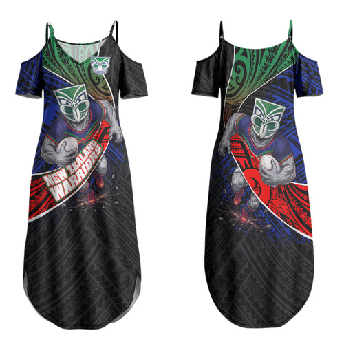 New Zealand Warriors Rugby Family Matching Summer Maxi Dress and Hawaiian Shirt Tribal Polynesian Power Art - Lightning Mascot