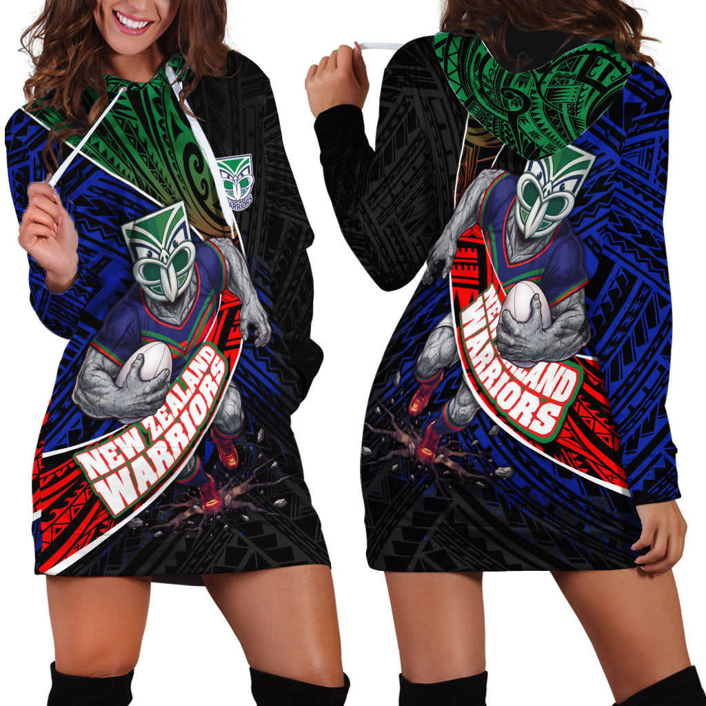 New Zealand Warriors Rugby Hoodie Dress Tribal Polynesian Power Art - Lightning Mascot