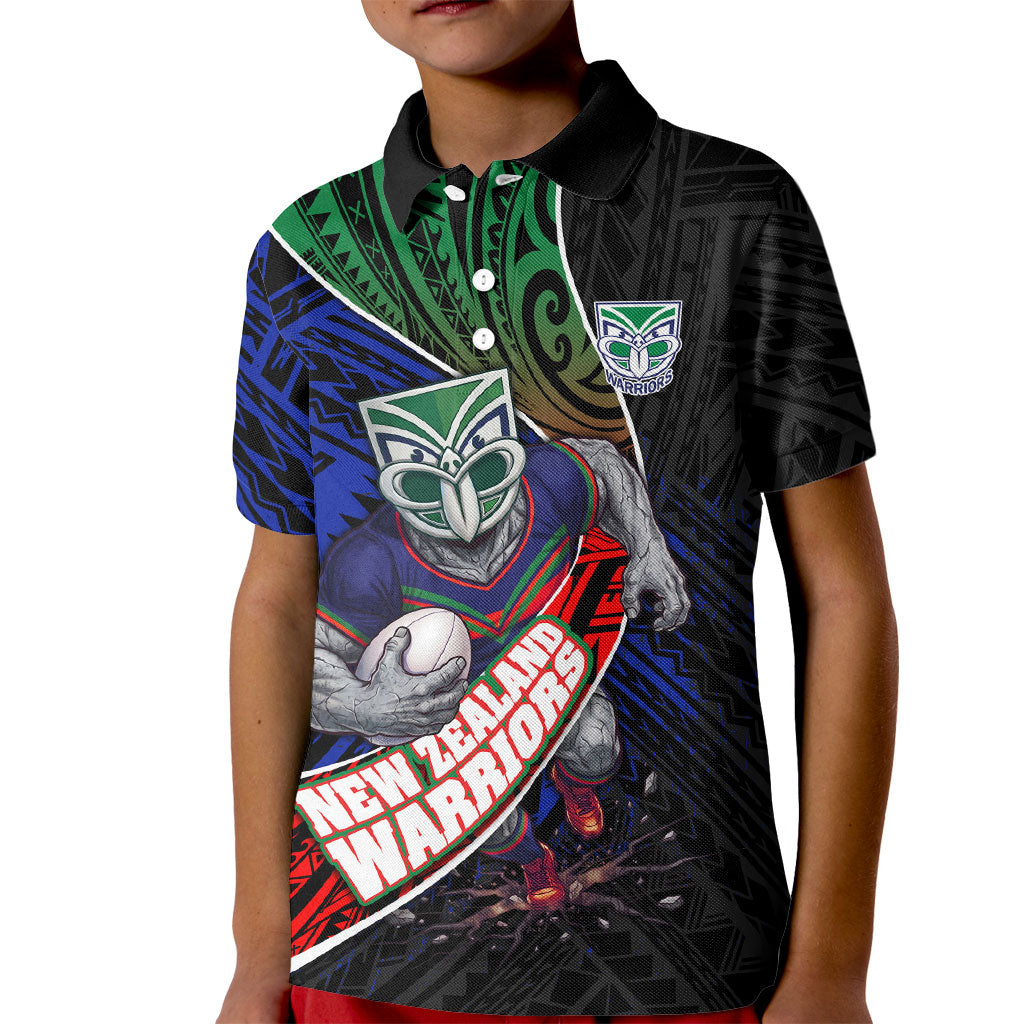 New Zealand Warriors Rugby Kid Polo Shirt Tribal Polynesian Power Art - Lightning Mascot