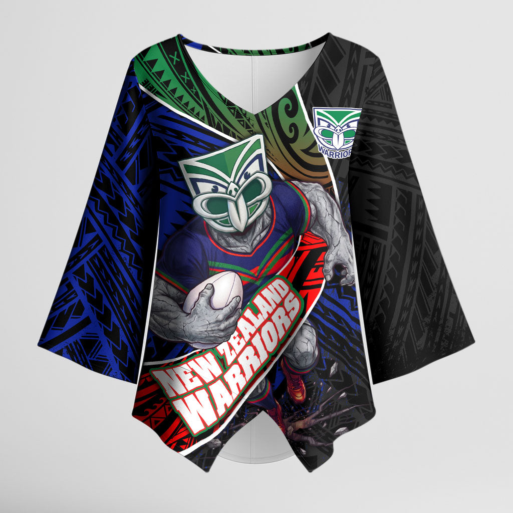 New Zealand Warriors Rugby Kimono Sleeve Blouse Tribal Polynesian Power Art - Lightning Mascot