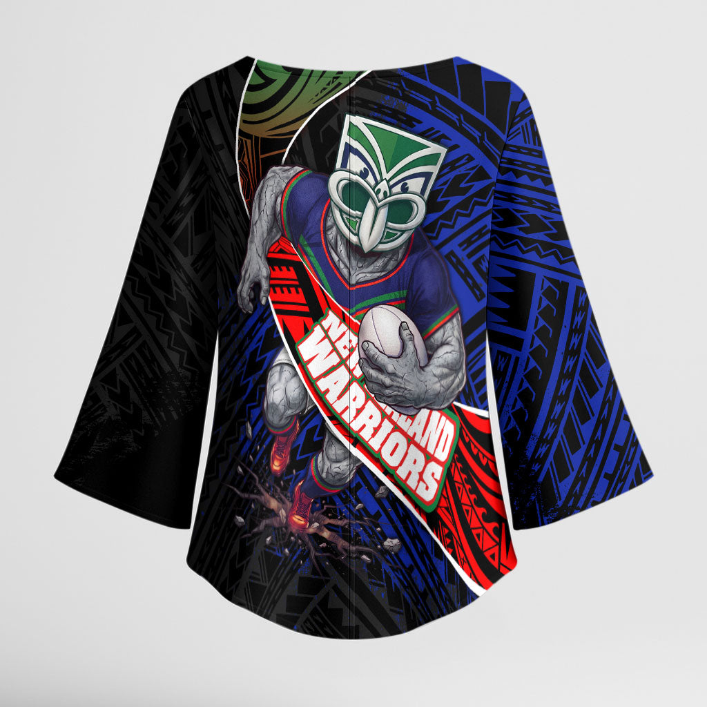 New Zealand Warriors Rugby Kimono Sleeve Blouse Tribal Polynesian Power Art - Lightning Mascot