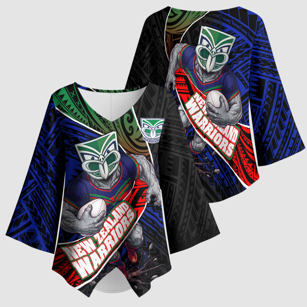 New Zealand Warriors Rugby Kimono Sleeve Blouse Tribal Polynesian Power Art - Lightning Mascot