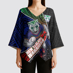 New Zealand Warriors Rugby Kimono Sleeve Blouse Tribal Polynesian Power Art - Lightning Mascot