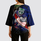 New Zealand Warriors Rugby Kimono Sleeve Blouse Tribal Polynesian Power Art - Lightning Mascot