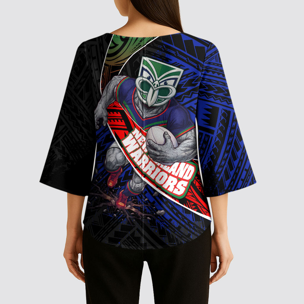 New Zealand Warriors Rugby Kimono Sleeve Blouse Tribal Polynesian Power Art - Lightning Mascot