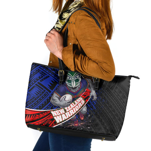 New Zealand Warriors Rugby Leather Tote Bag Tribal Polynesian Power Art - Lightning Mascot