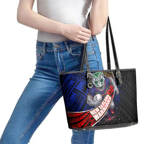 New Zealand Warriors Rugby Leather Tote Bag Tribal Polynesian Power Art - Lightning Mascot
