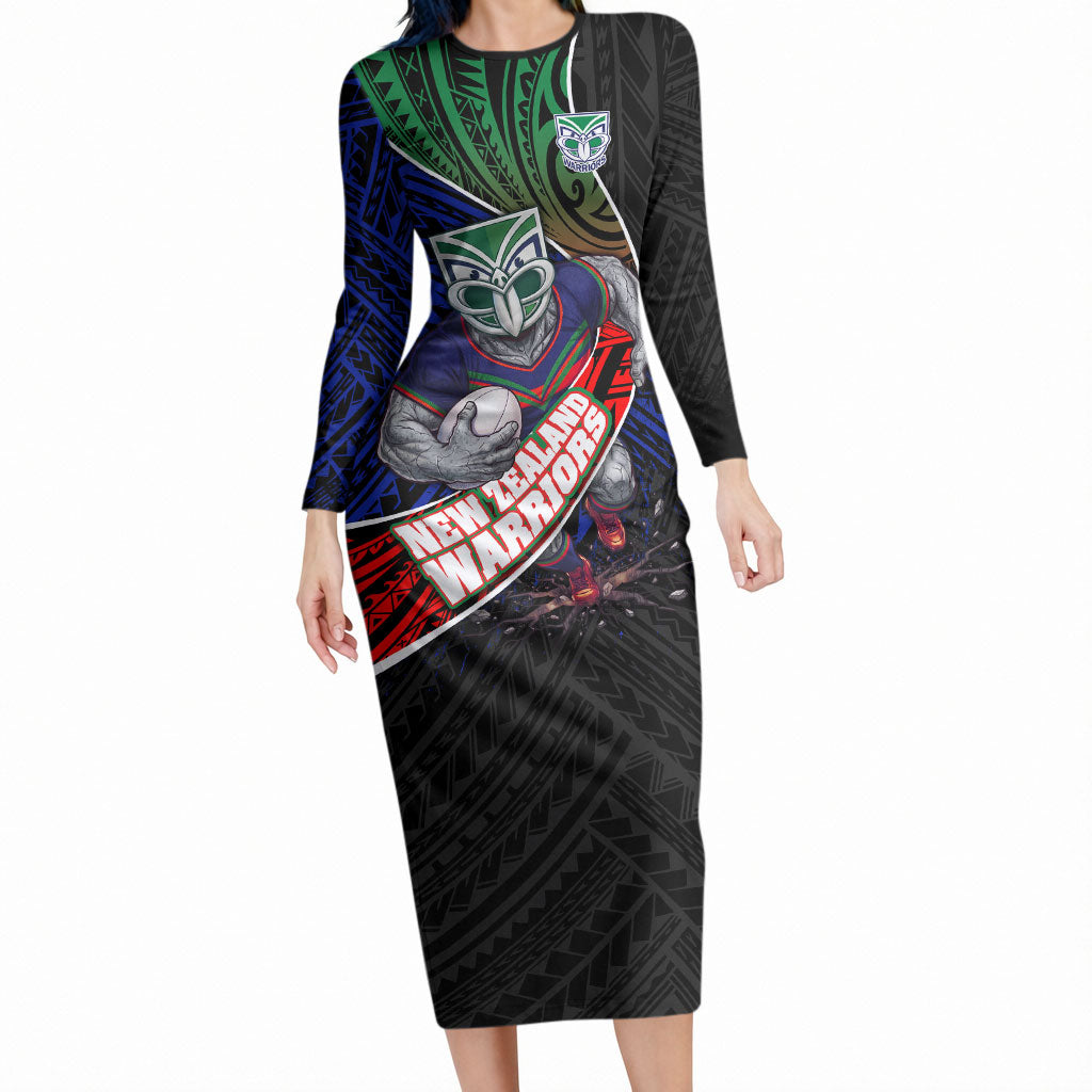 New Zealand Warriors Rugby Long Sleeve Bodycon Dress Tribal Polynesian Power Art - Lightning Mascot