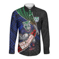 New Zealand Warriors Rugby Long Sleeve Button Shirt Tribal Polynesian Power Art - Lightning Mascot