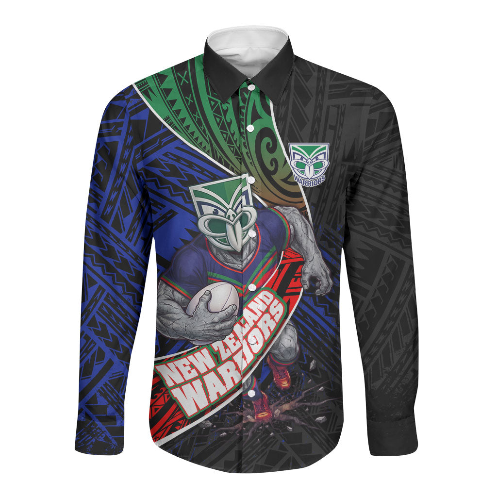 New Zealand Warriors Rugby Long Sleeve Button Shirt Tribal Polynesian Power Art - Lightning Mascot