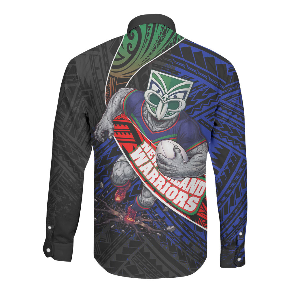 New Zealand Warriors Rugby Long Sleeve Button Shirt Tribal Polynesian Power Art - Lightning Mascot