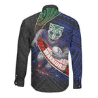 New Zealand Warriors Rugby Long Sleeve Button Shirt Tribal Polynesian Power Art - Lightning Mascot