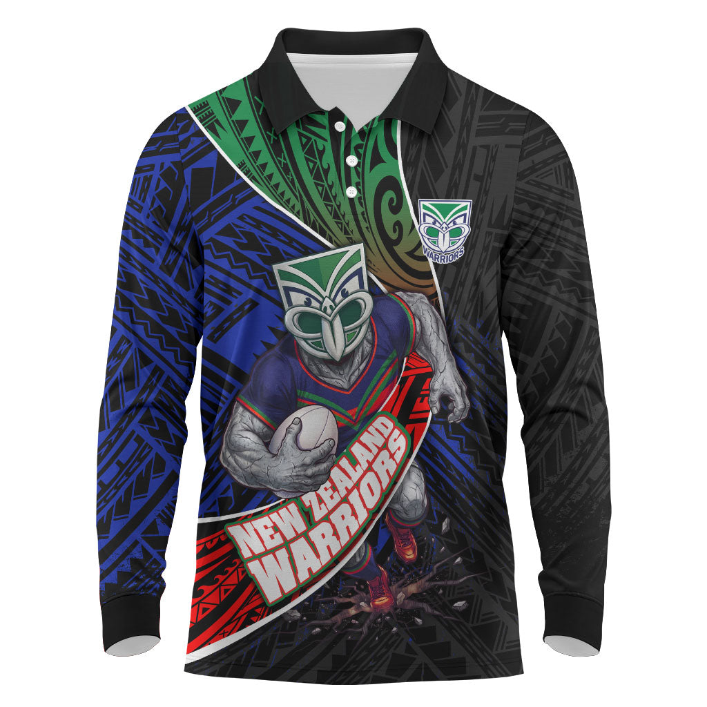 New Zealand Warriors Rugby Long Sleeve Polo Shirt Tribal Polynesian Power Art - Lightning Mascot