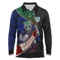 New Zealand Warriors Rugby Long Sleeve Polo Shirt Tribal Polynesian Power Art - Lightning Mascot