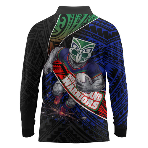 New Zealand Warriors Rugby Long Sleeve Polo Shirt Tribal Polynesian Power Art - Lightning Mascot