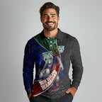 New Zealand Warriors Rugby Long Sleeve Polo Shirt Tribal Polynesian Power Art - Lightning Mascot