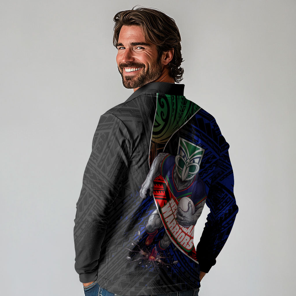 New Zealand Warriors Rugby Long Sleeve Polo Shirt Tribal Polynesian Power Art - Lightning Mascot