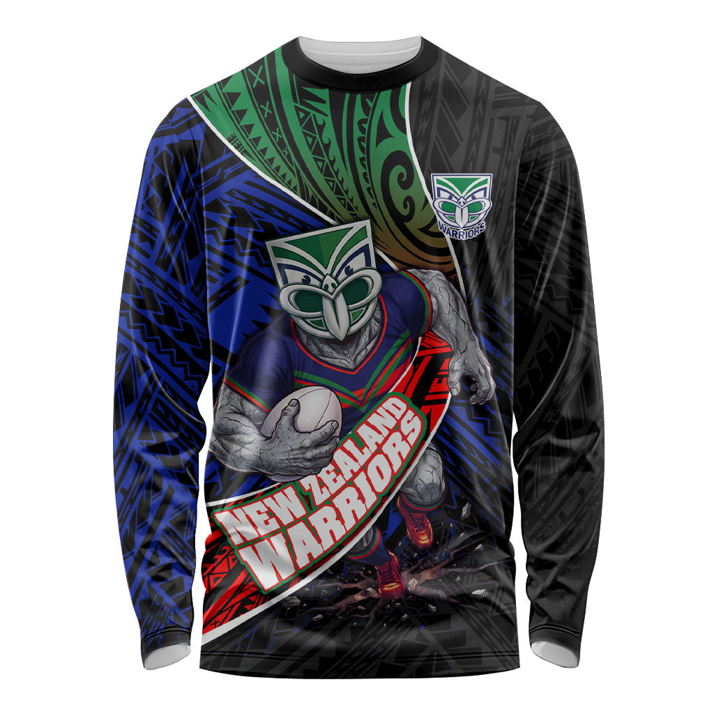 New Zealand Warriors Rugby Long Sleeve Shirt Tribal Polynesian Power Art - Lightning Mascot