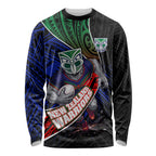 New Zealand Warriors Rugby Long Sleeve Shirt Tribal Polynesian Power Art - Lightning Mascot