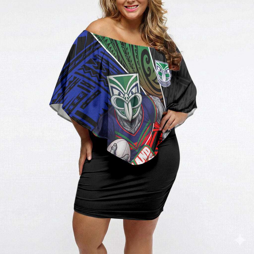 New Zealand Warriors Rugby Off Shoulder Short Dress Tribal Polynesian Power Art - Lightning Mascot