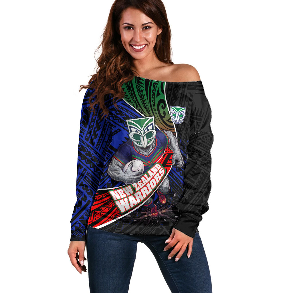 New Zealand Warriors Rugby Off Shoulder Sweater Tribal Polynesian Power Art - Lightning Mascot