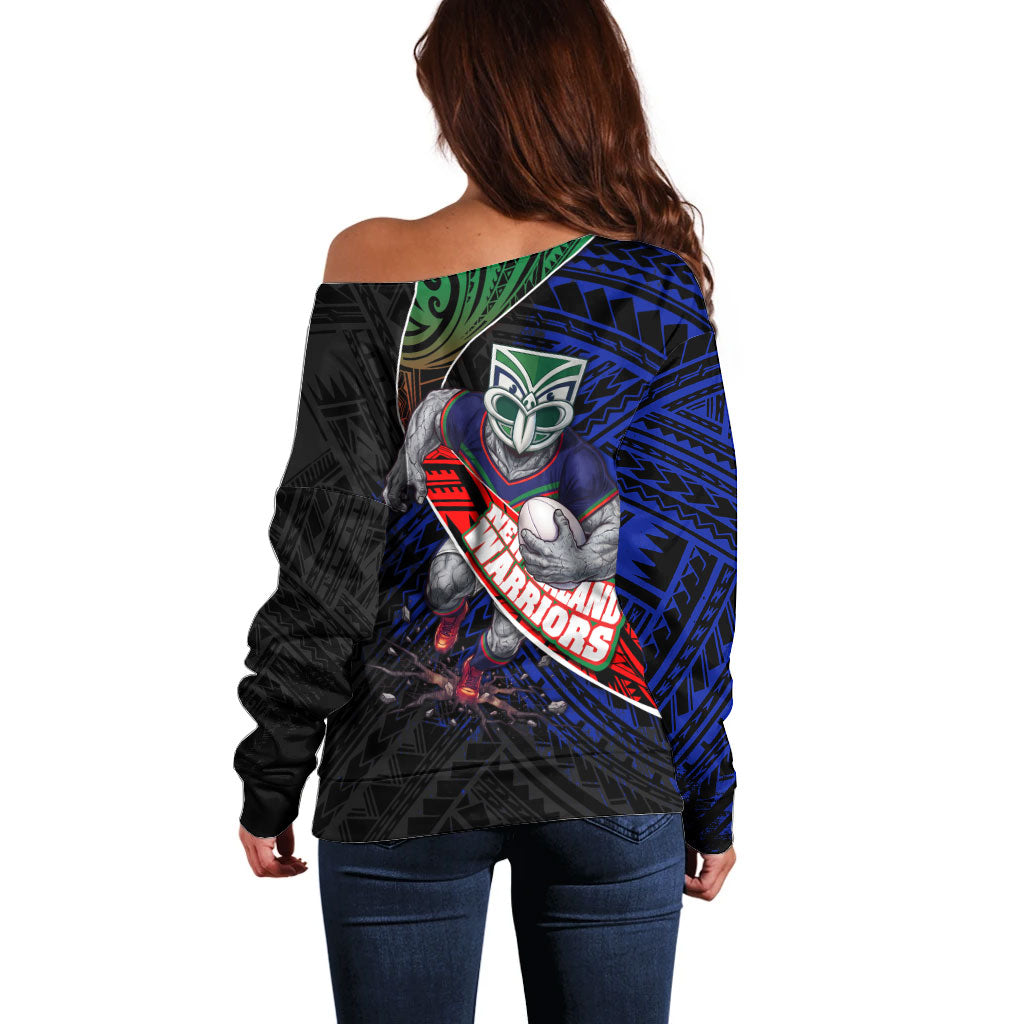 New Zealand Warriors Rugby Off Shoulder Sweater Tribal Polynesian Power Art - Lightning Mascot