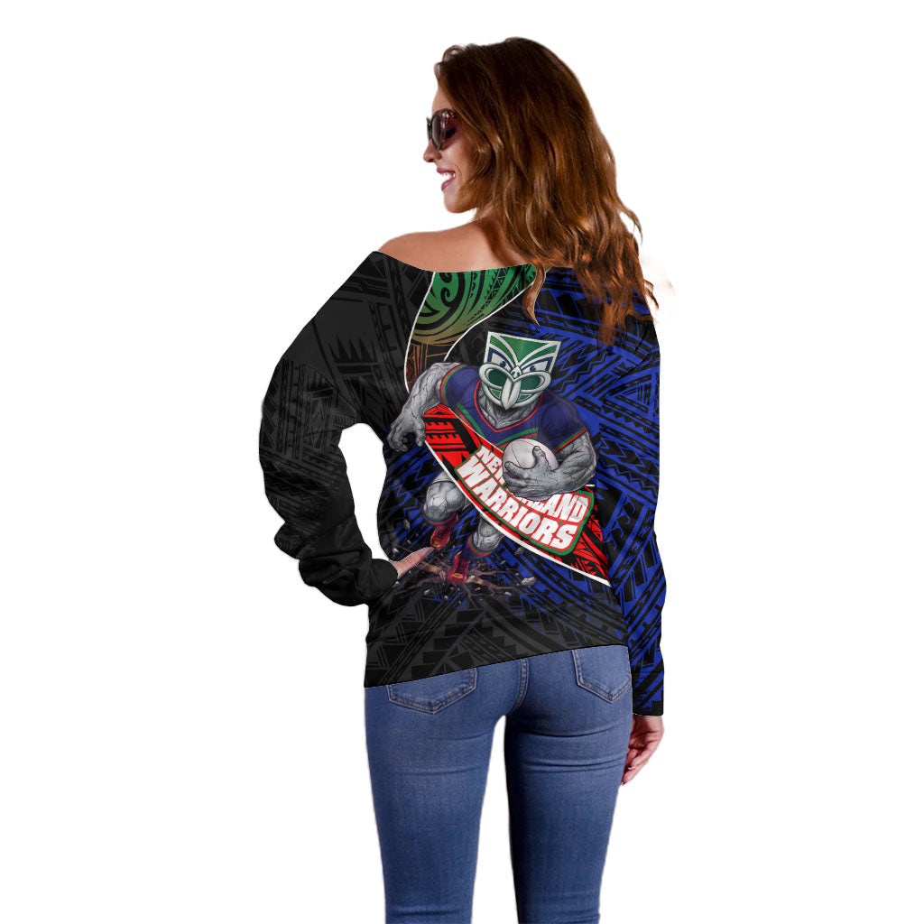 New Zealand Warriors Rugby Off Shoulder Sweater Tribal Polynesian Power Art - Lightning Mascot