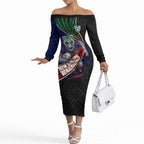New Zealand Warriors Rugby Off The Shoulder Long Sleeve Dress Tribal Polynesian Power Art - Lightning Mascot