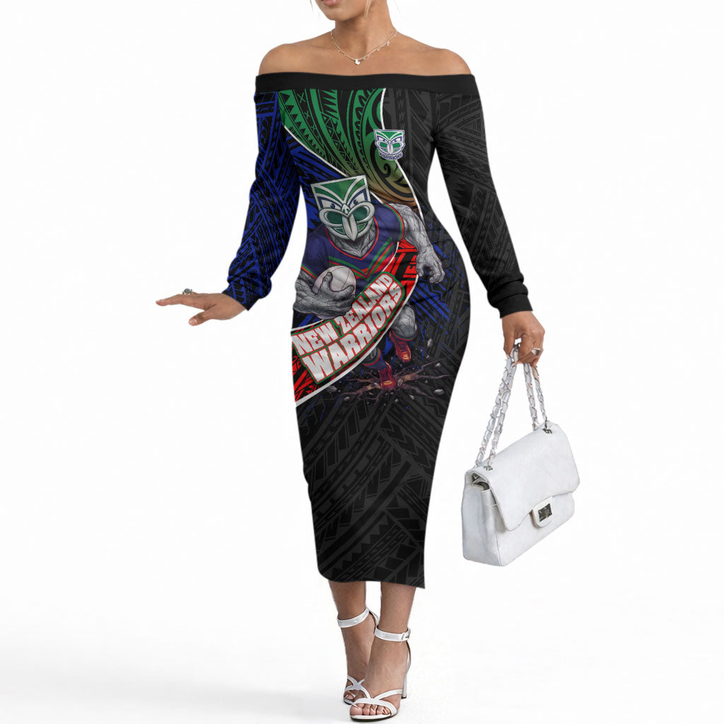 New Zealand Warriors Rugby Off The Shoulder Long Sleeve Dress Tribal Polynesian Power Art - Lightning Mascot