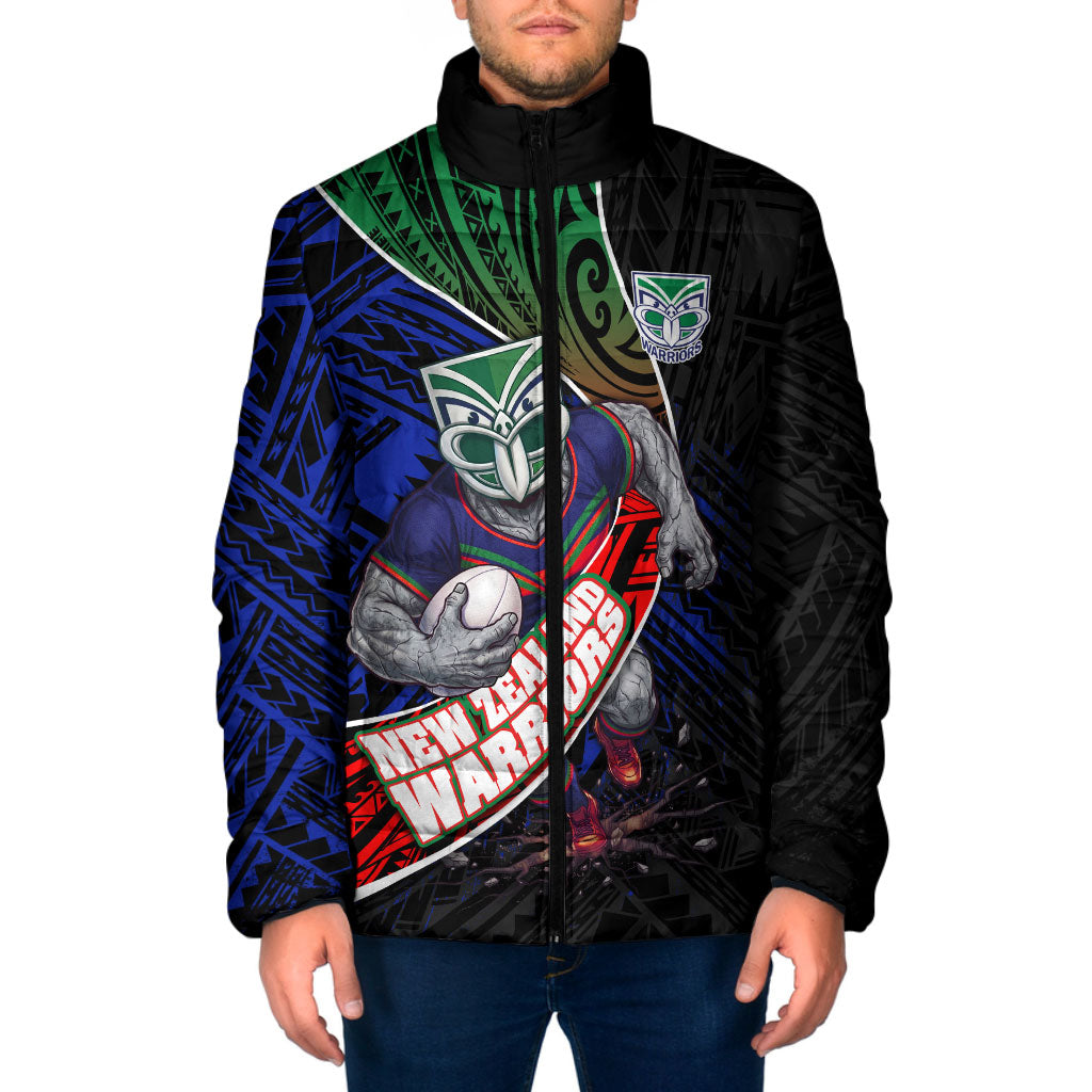 New Zealand Warriors Rugby Padded Jacket Tribal Polynesian Power Art - Lightning Mascot