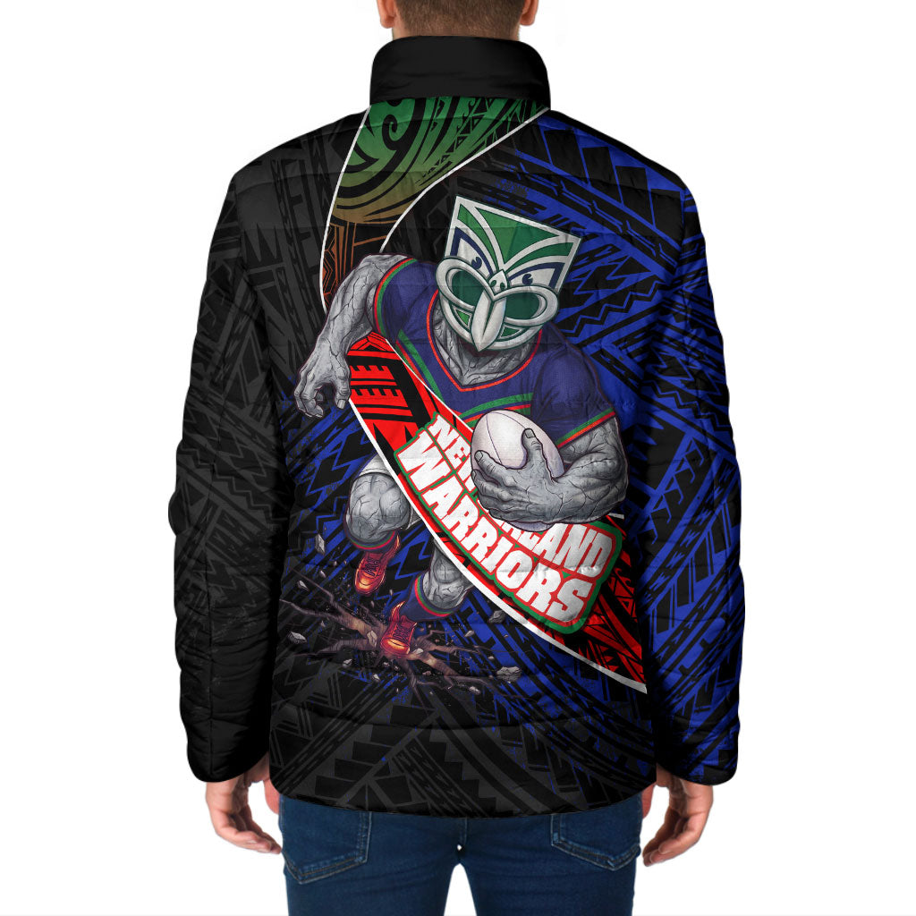 New Zealand Warriors Rugby Padded Jacket Tribal Polynesian Power Art - Lightning Mascot