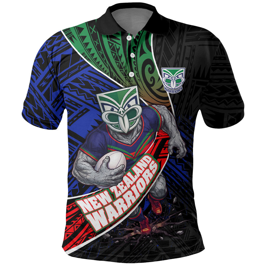 New Zealand Warriors Rugby Polo Shirt Tribal Polynesian Power Art - Lightning Mascot