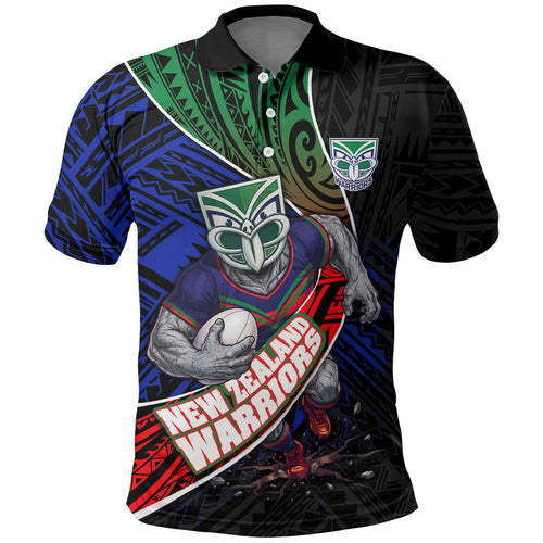 New Zealand Warriors Rugby Polo Shirt Tribal Polynesian Power Art - Lightning Mascot