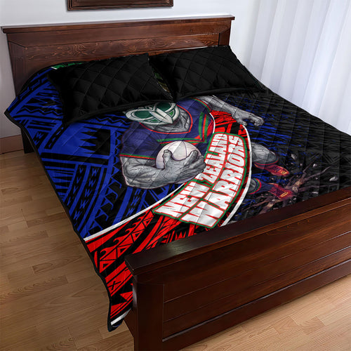 New Zealand Warriors Rugby Quilt Bed Set Tribal Polynesian Power Art - Lightning Mascot