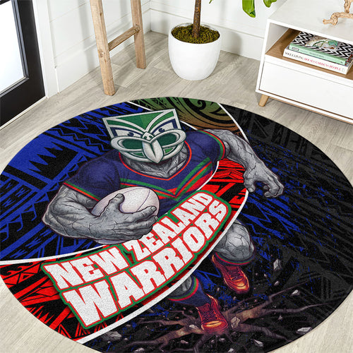 New Zealand Warriors Rugby Round Carpet Tribal Polynesian Power Art - Lightning Mascot