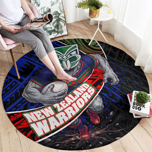 New Zealand Warriors Rugby Round Carpet Tribal Polynesian Power Art - Lightning Mascot