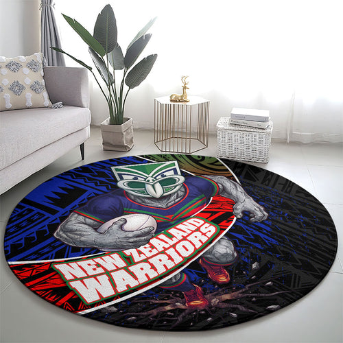 New Zealand Warriors Rugby Round Carpet Tribal Polynesian Power Art - Lightning Mascot