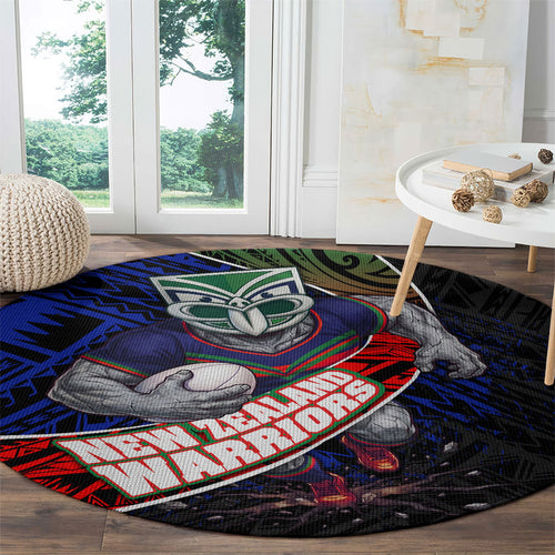 New Zealand Warriors Rugby Round Carpet Tribal Polynesian Power Art - Lightning Mascot