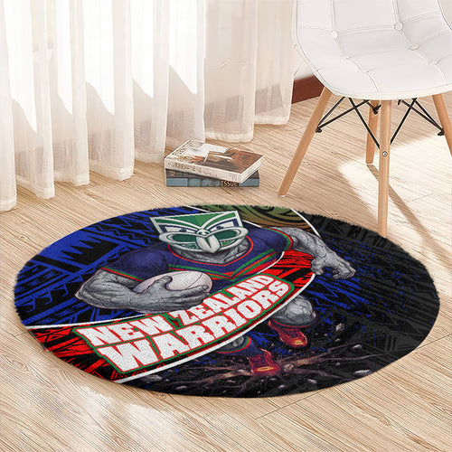 New Zealand Warriors Rugby Round Carpet Tribal Polynesian Power Art - Lightning Mascot