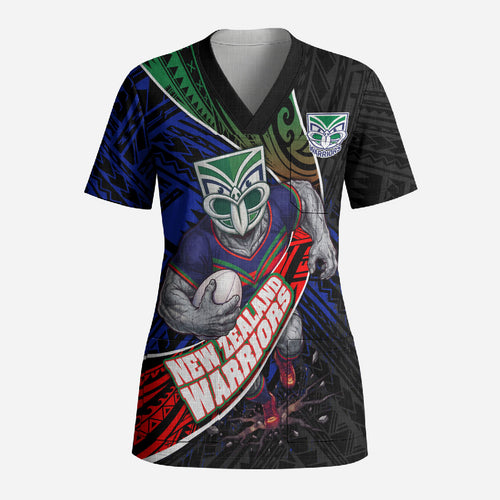 New Zealand Warriors Rugby Scrub Top Tribal Polynesian Power Art - Lightning Mascot