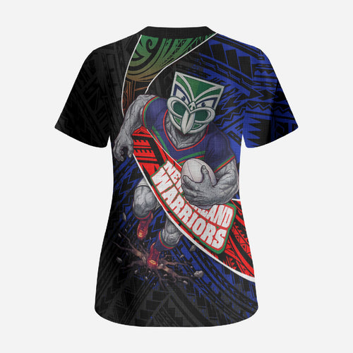 New Zealand Warriors Rugby Scrub Top Tribal Polynesian Power Art - Lightning Mascot