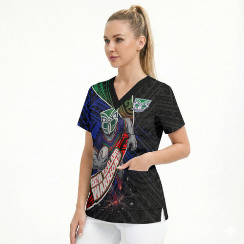 New Zealand Warriors Rugby Scrub Top Tribal Polynesian Power Art - Lightning Mascot