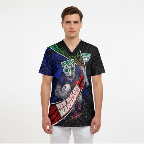 New Zealand Warriors Rugby Scrub Top Tribal Polynesian Power Art - Lightning Mascot