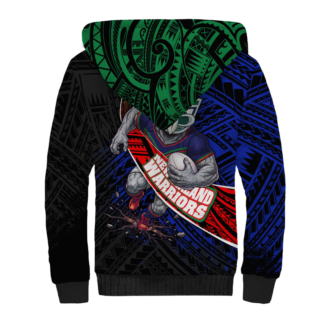 New Zealand Warriors Rugby Sherpa Hoodie Tribal Polynesian Power Art - Lightning Mascot
