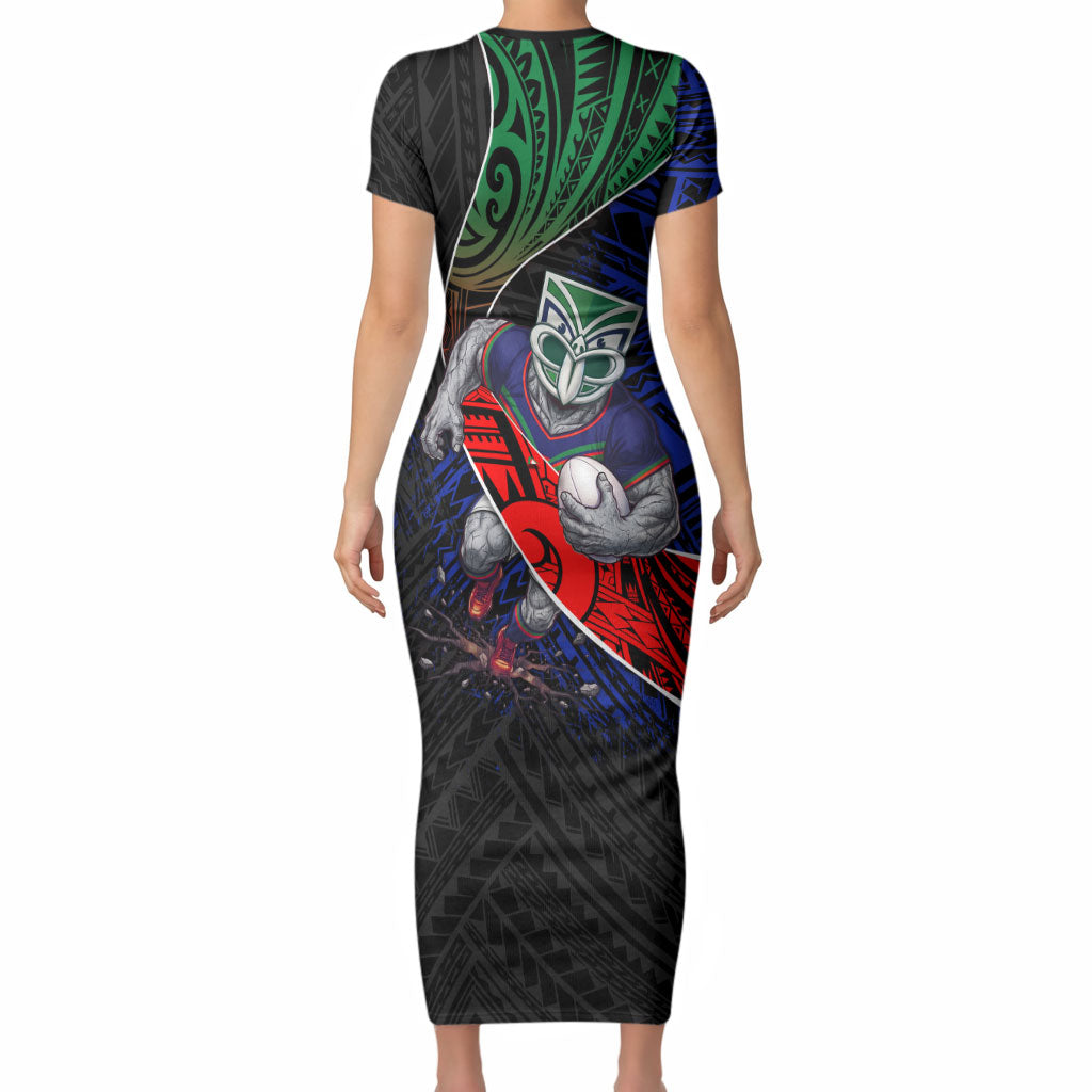 New Zealand Warriors Rugby Short Sleeve Bodycon Dress Tribal Polynesian Power Art - Lightning Mascot