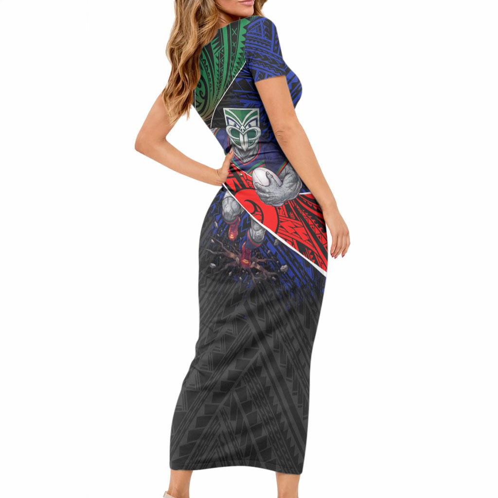 New Zealand Warriors Rugby Short Sleeve Bodycon Dress Tribal Polynesian Power Art - Lightning Mascot