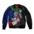 New Zealand Warriors Rugby Sleeve Zip Bomber Jacket Tribal Polynesian Power Art - Lightning Mascot