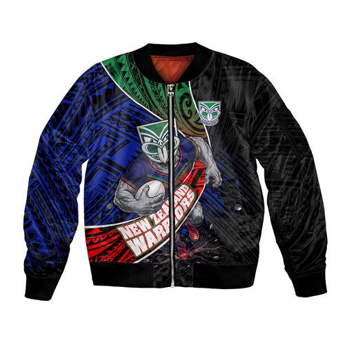 New Zealand Warriors Rugby Sleeve Zip Bomber Jacket Tribal Polynesian Power Art - Lightning Mascot