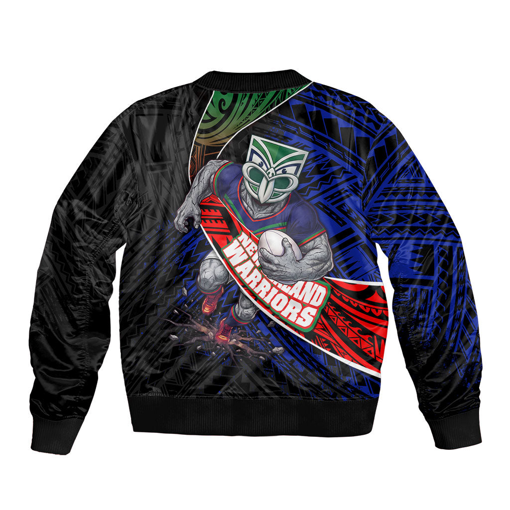 New Zealand Warriors Rugby Sleeve Zip Bomber Jacket Tribal Polynesian Power Art - Lightning Mascot